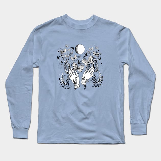 Full Moon Magic Of Nature With Blackbirds And Butterflies Long Sleeve T-Shirt by LittleBunnySunshine